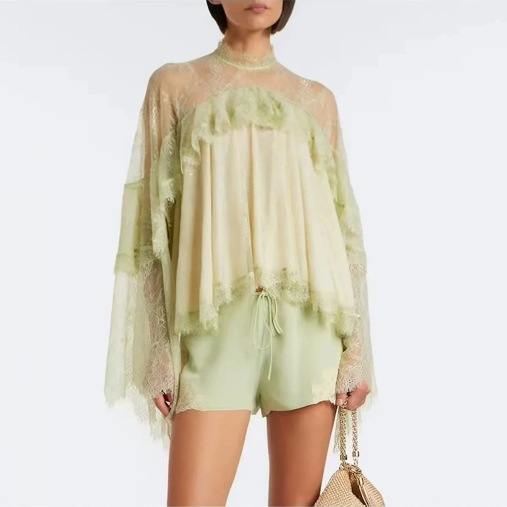 2026 Women’s Fashion T-Shirt – Chiffon & Lace, Crew Neck, Loose-Fit, Casual, Asymmetrical Hem, Y2K-Style, Sexy Pullover Top bra