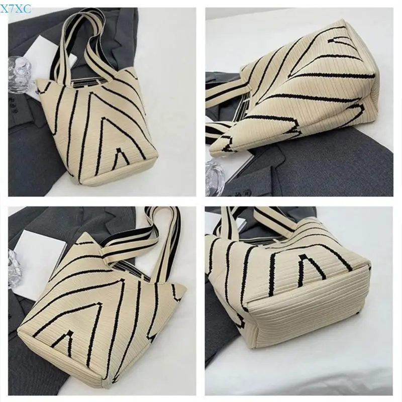 X7XC حقيبة يد نسائية محبوكة حقيبة كتف سعة كبيرة حقيبة الإبط حقيبة موجات دلو