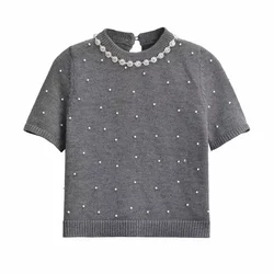 2024ZAR  Spring/Summer New Women's Fashion and Elegance Versatile Artificial Pearl Knitted Sweater