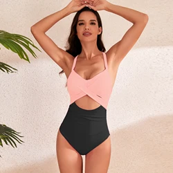 New one-piece hard cup swimsuit hollow solid color high waist swimsuit for women