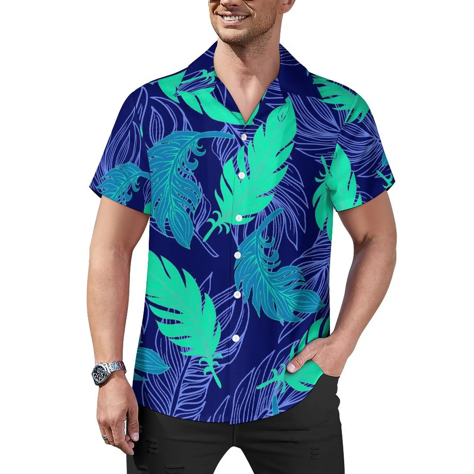 

Leaf Print Hawaiian Shirt For Man Vacation Abstract Art Casual Shirts Short-Sleeved Breathable Cool Plus Size 3XL 4XL Blouses