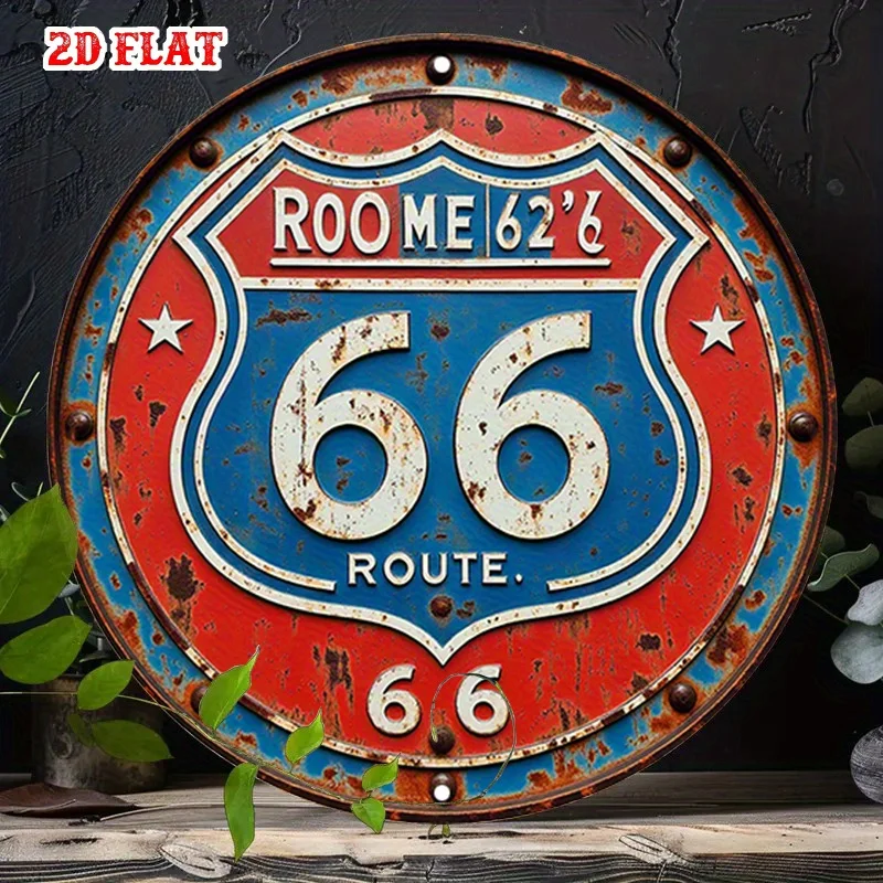2D Flat, 1pc Vintage Route 66 Metal Tin Sign - Retro Aluminum Wall Decor with Red & Blue Design,Garage, Cafe, or Dining Room