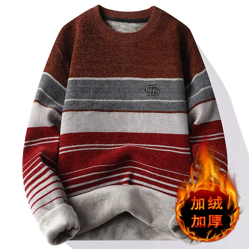 

Winter Men's Warm Fleece Sweater O-Neck Embroidered Casual Knitted Inner Lap Pullovers Thick Thermal Underwear Sweater