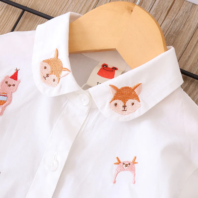 8 10 years Girl Embroidery Cartoon White Blue Blouse School Uniform Tops Spring Autumn Sweet Kids Girls Outfit