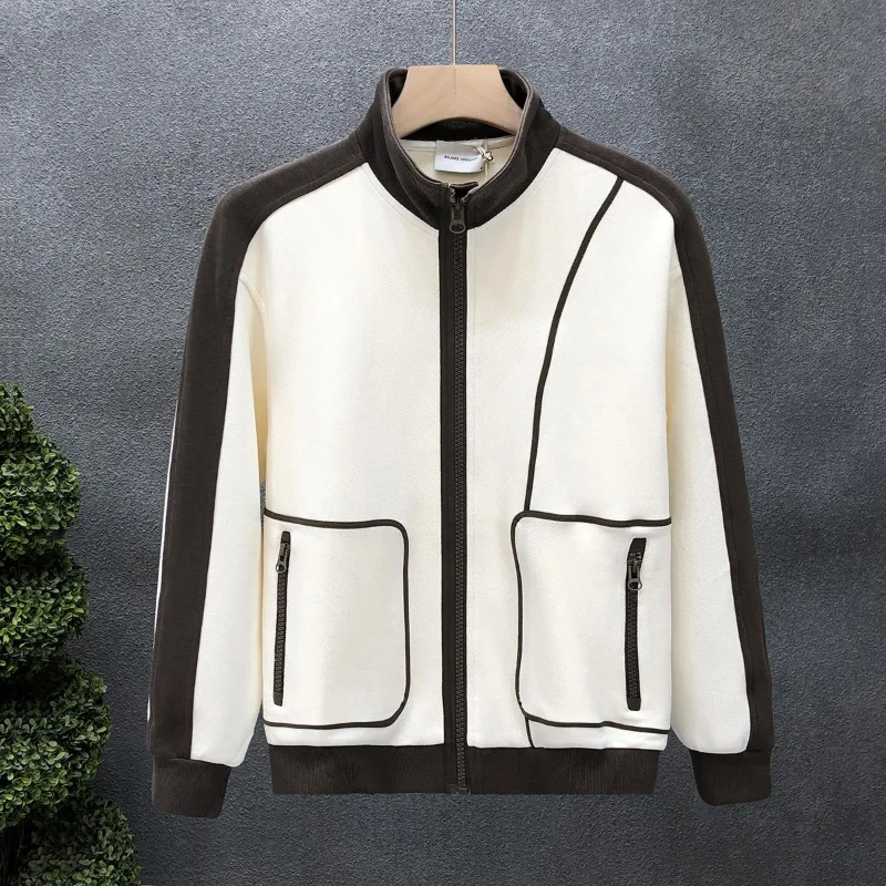 

Boyfriend Spring Autumn Trend Splicing Stand Collar2024 New Zipper Pocket Fashion Loose Minimalist Casual Long Sleeved Jacket