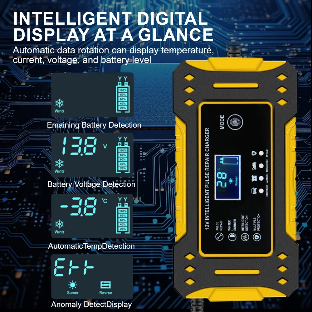 6A 12V 3段階急速充電式蓄電池充電器、鉛蓄電池AGM GELバッテリー用、インテリジェントパルス修復機能付きカーバッテリー充電器