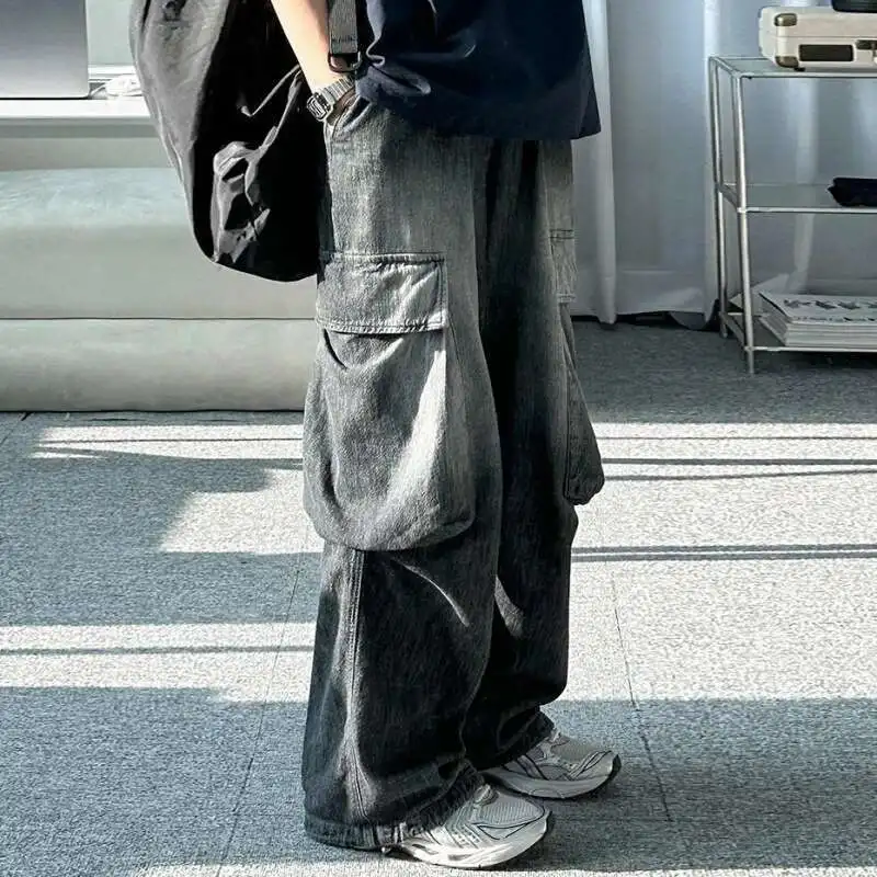 

Design Large Pockets Men Denim Pants Washing Gradient Color Elastic Waist Loose Wide Leg Korean Straight Male Jeans KN4E