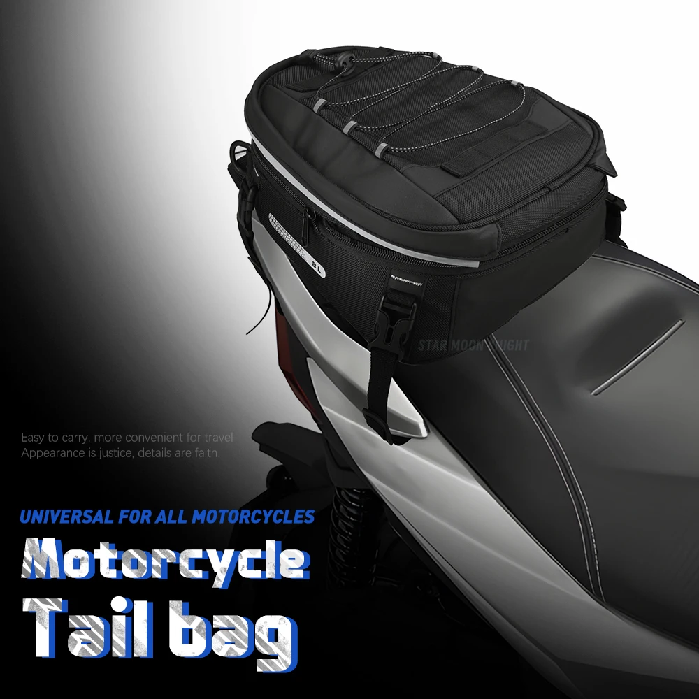 Universal motorcycle rear seat luggage storage bag expandable 8-10L motorcycle tail bag with shoulder straps and rain cover