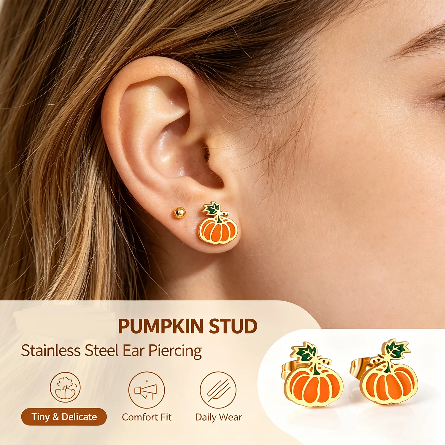 Tiny Pumpkin Enamel Stud Earrings Stainless Steel Push Back Cartilage Helix Piercing Earrings Halloween Fall Gift for Women