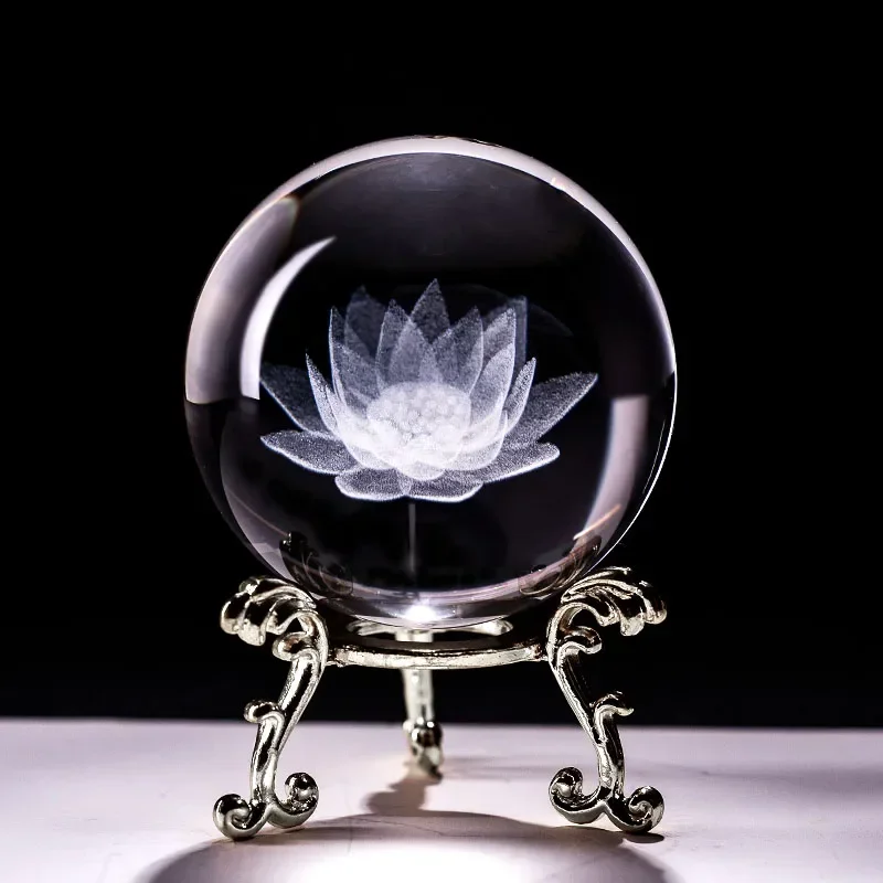 60mm 3d Carving Crystal Ball Paperweight with Stand Healing Meditation Glass Sphere  Fengshui Home Decor Ornaments Lotus Flower