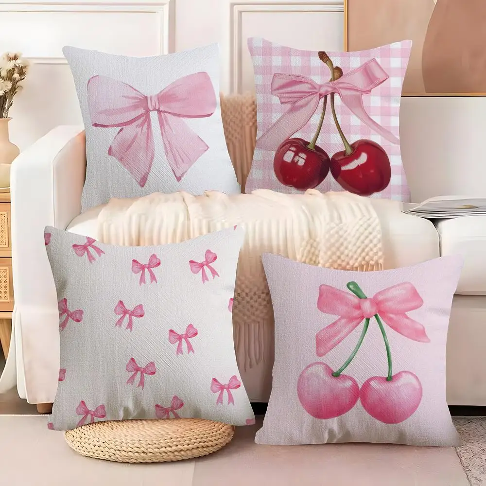 Pink Bow Cherry Cushion Cover Soft Plush Fabric Double-Sided Printed Sofa Cushion Cover for All Seasons Home Decor Gift