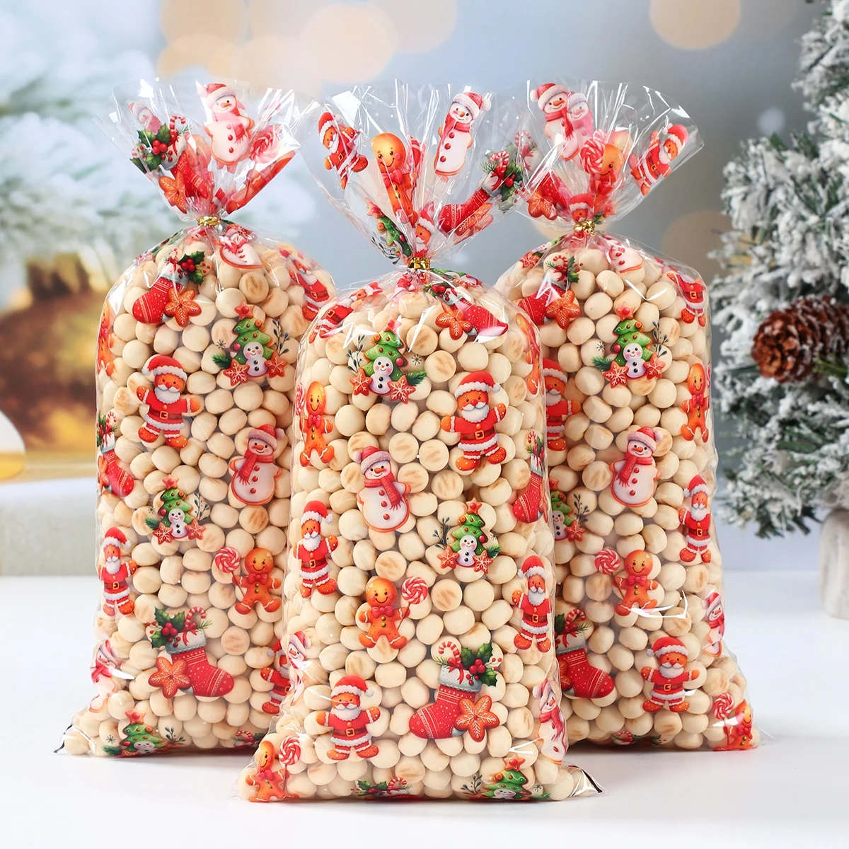 

25/50pcs Christmas Clear Candy Bag Christmas Decorations Santa Gift Bag Navidad Xmas Gift Bags Cristmas Cookies Packing Bag