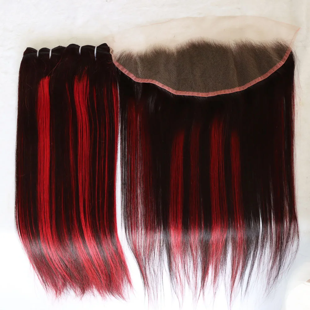 الجملة عذراء الشعر البشري النسيج حزم مع الدانتيل الشفاف إغلاق أمامي أومبير البيانو اللون تسليط الضوء على 1B بورغ لحمة حمراء