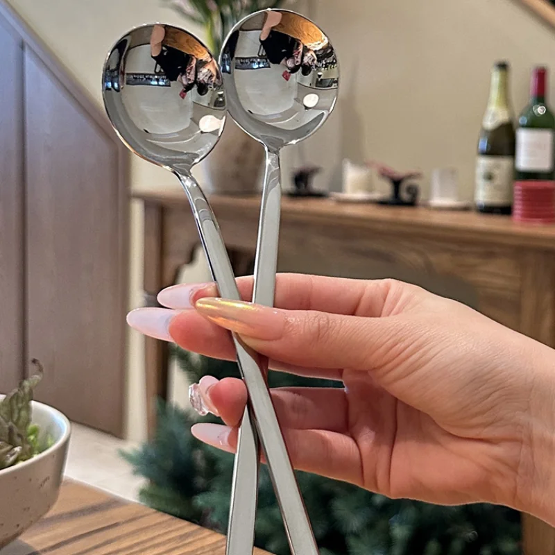 

304 Stainless Steel Spoon Household Rice Spoon Coffee Spoon High Appearance Long Handle Round Spoon Dessert Spoon Dingdang Spoon