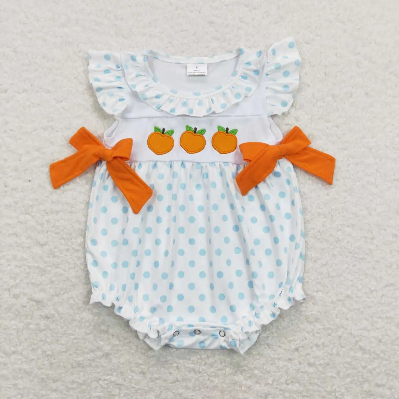 Wholesale baby boys and girls newborn toddler clothes Embroidered orange bow blue polka dot orange and white vest jumpsuit