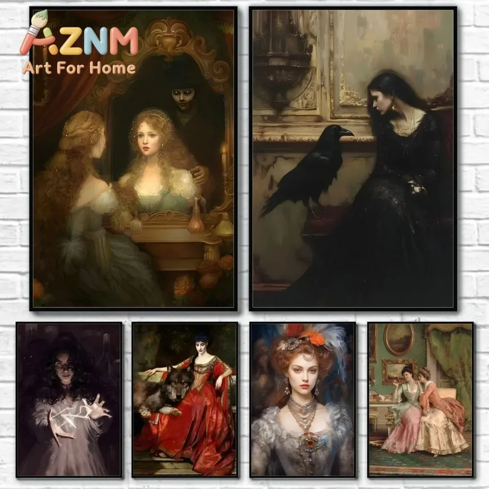 Medieval European Lady Retro Art Poster Sticky Wall Art Printing Home Living Bed Room Bar Aesthetic Decor