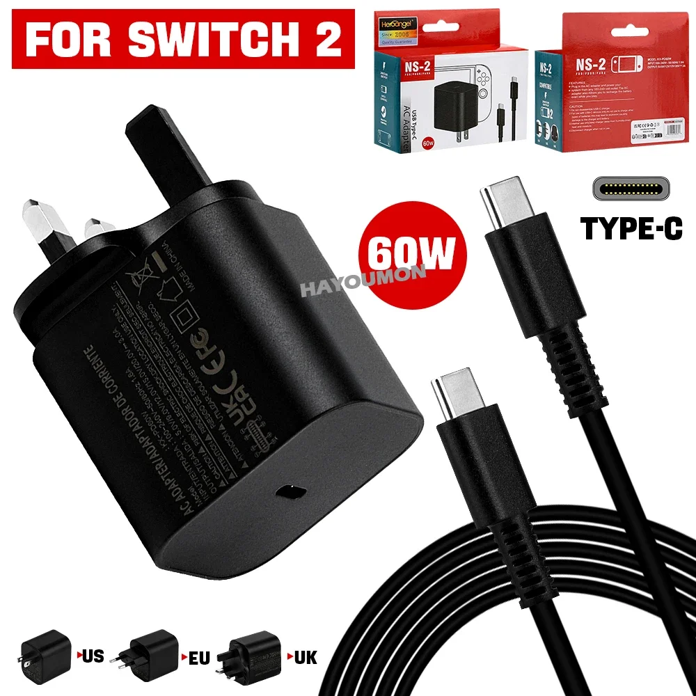 

Адаптер питания переменного тока для Switch 2 (ЕС, США, Великобритания) с кабелем Type-C, 60 Вт, быстрая зарядка, аксессуары для игровых консолей