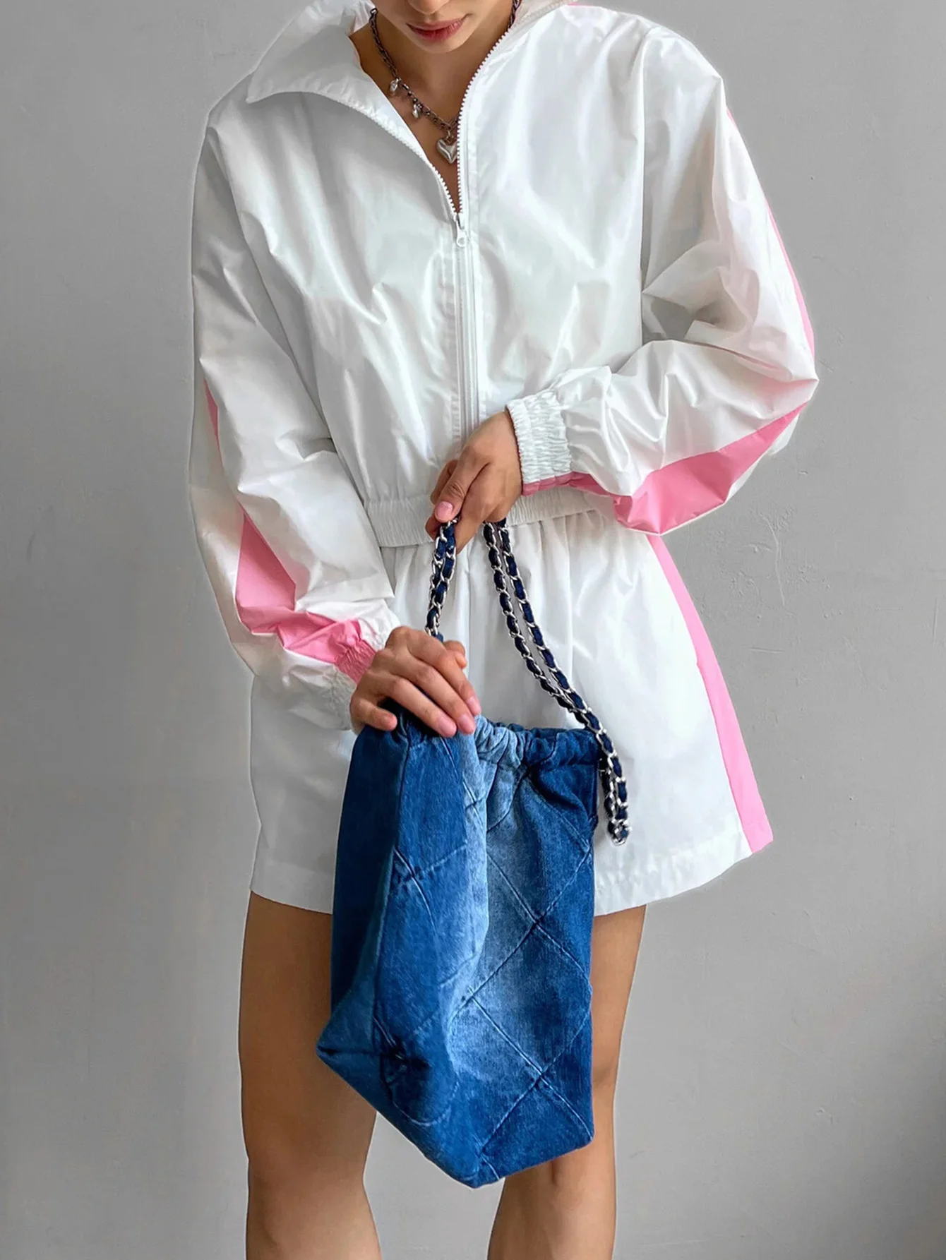 Dames elegant chic sweatshirt met lange mouwen en rits en A-lijn elastische taille shorts set herfstmode basisoutfit