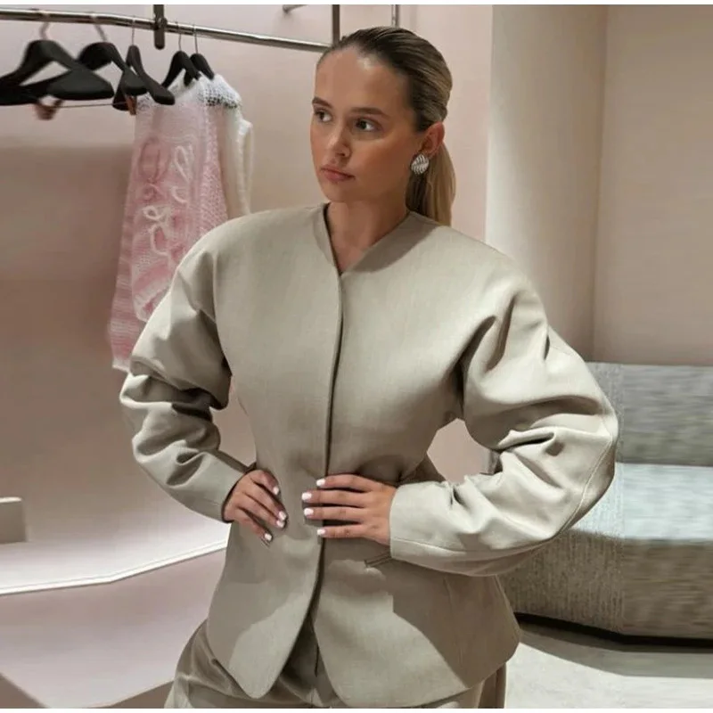 Women's New Double Pocket Suit Jacket Solid Color Collarless Cinched Waist Tailored Blazer