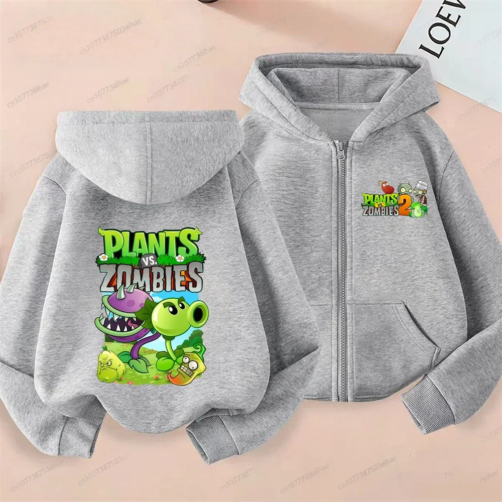 Plants Vs Zombies 2 Zip Up Hoodie for Kids Mixed Plants and Zombies Cartoon Print Jacket, Boys Girls Sweatshirt, Daily Outerwear
