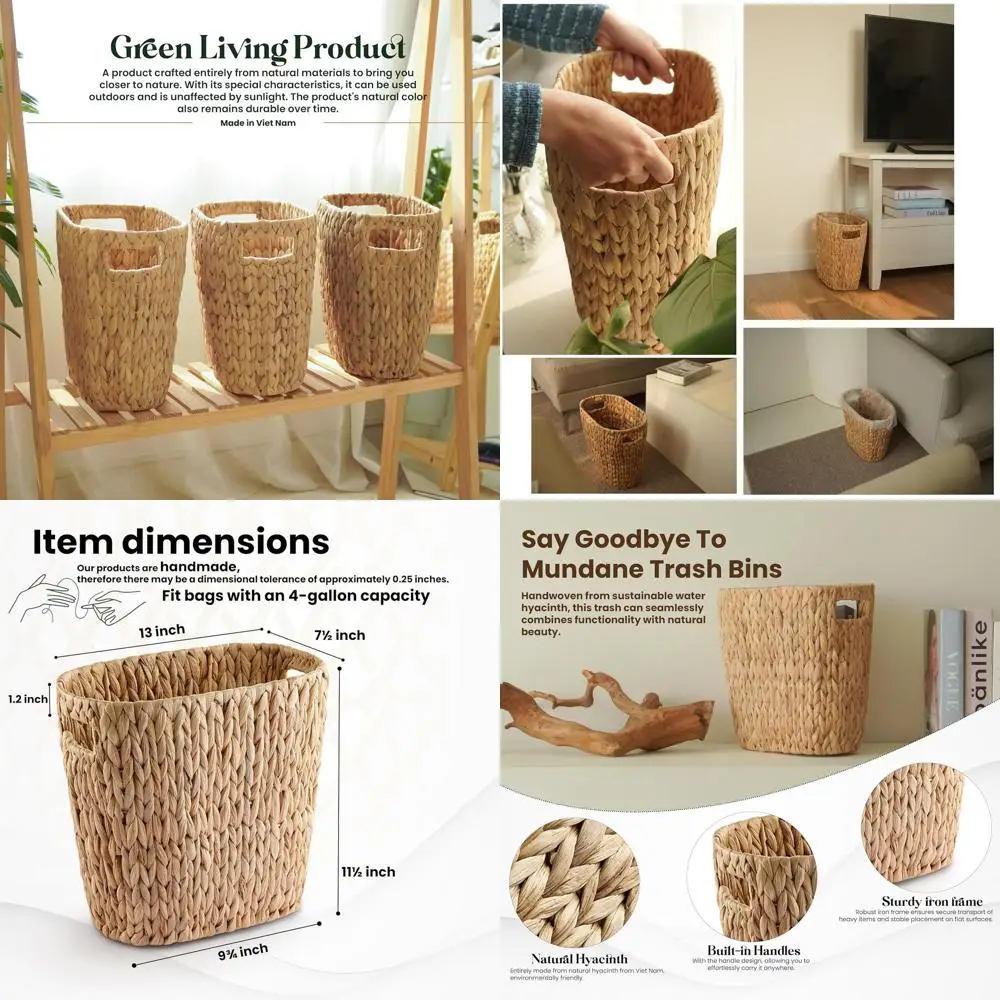 

Овальное плетеное мусорное ведро с гиацинтом для воды для ванной и кухни — открытый верх с ручками