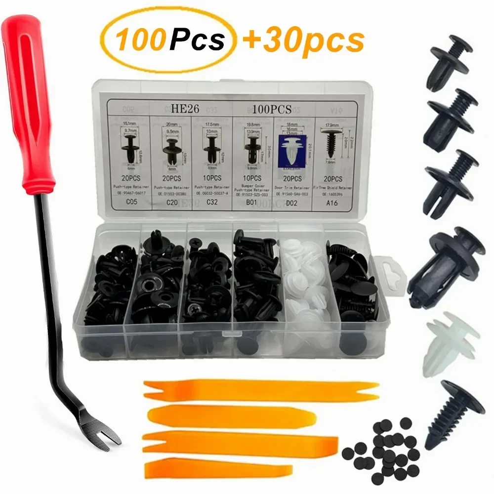

Новинка, 100 шт., автомобильные пластиковые зажимы, заклепки для крыльев, зажимы для крепления 35 инструментов, фиксатор, заклепки, винты, инструменты для разборки автомобиля, ремонта