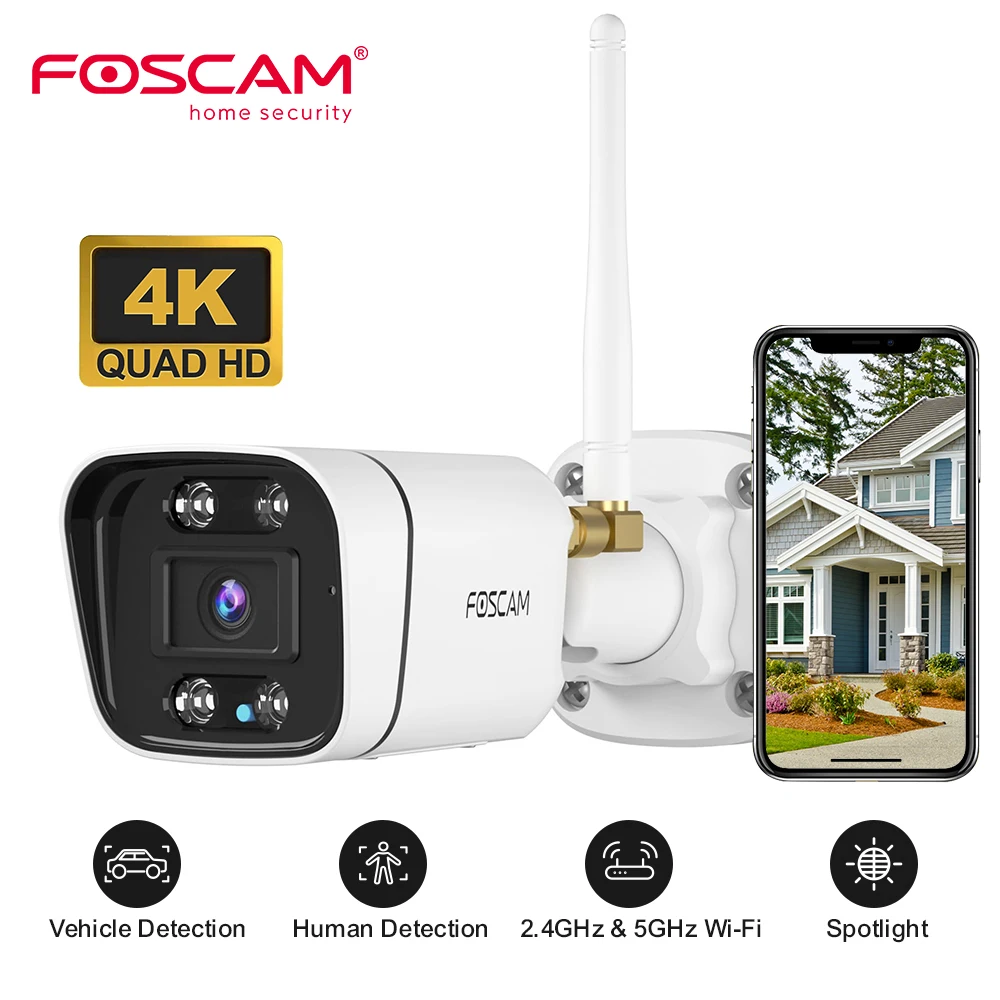 FOSCAM-V8P 8MP Câmera de segurança, suporte Dual-Band, 2.4GHz e 5GHz, WiFi, ZCamera para segurança doméstica, visão noturna, ao ar livre