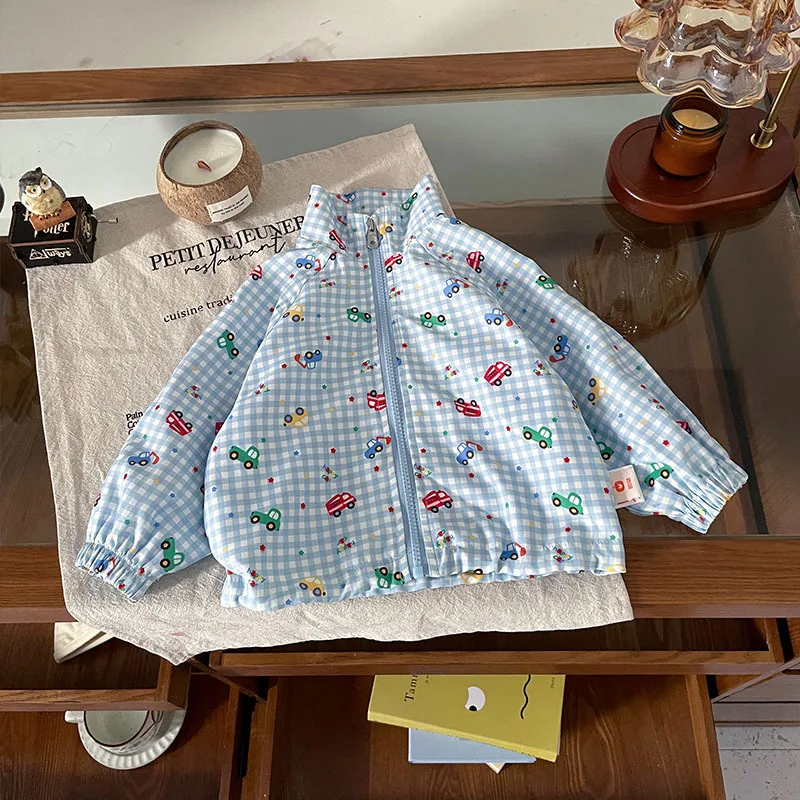 

Куртка для маленьких мальчиков, осенняя модная универсальная клетчатая куртка с мультяшным принтом для маленьких мальчиков, пальто с круглым вырезом и длинными рукавами, детские топы для маленьких мальчиков