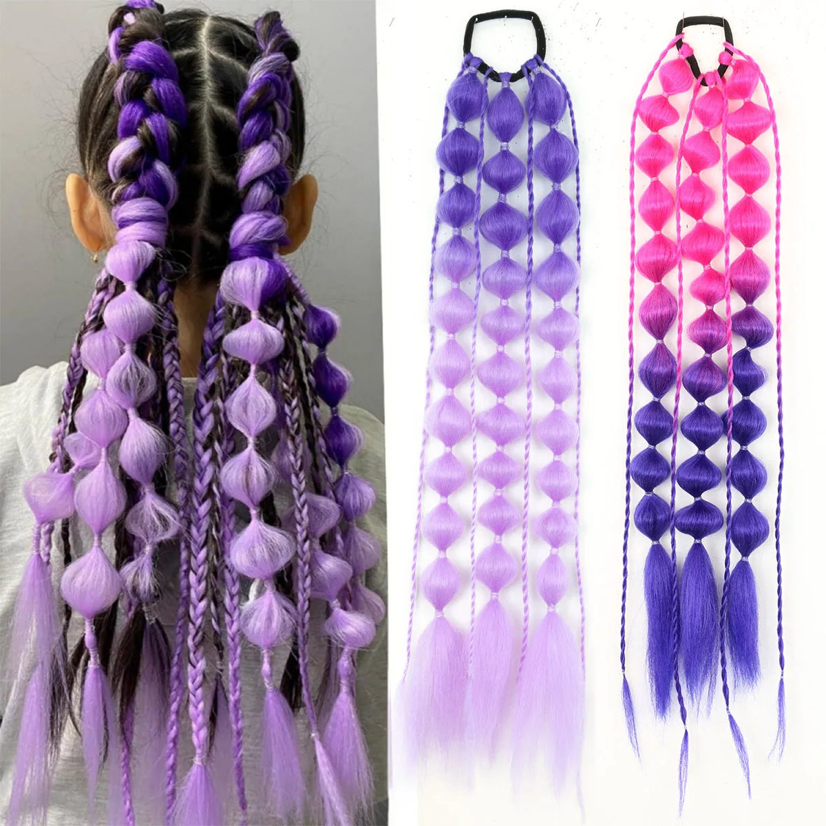 Synthetic 1Pcs Ponytail Extension Corlorful Bubble Braid Long Lantern Hairpieces Braided Ponytail with Hair Tie Straight Hairpie