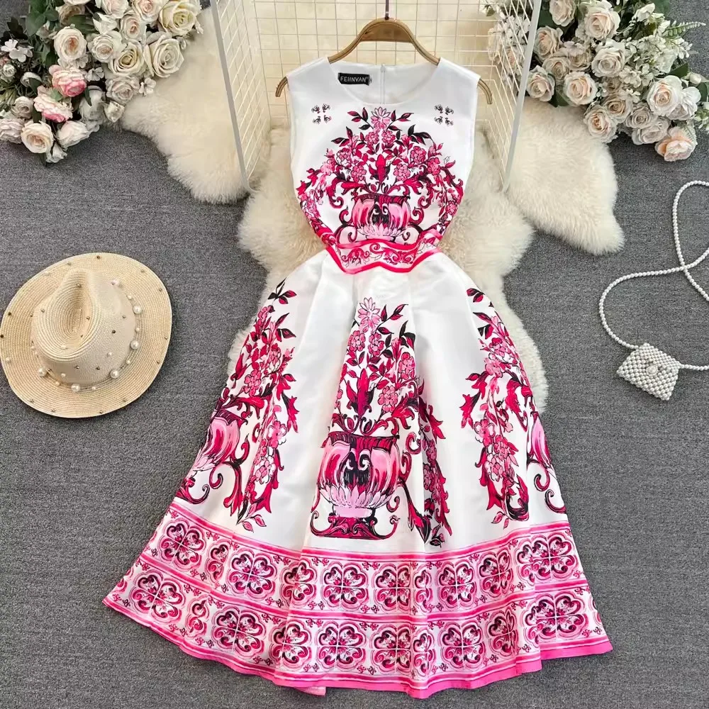 Summer Vintage Blue And White Porcelain Dresses Women\'s Sleeveless O Neck Tank Flower Print Vest Midi Long Party Vestidos