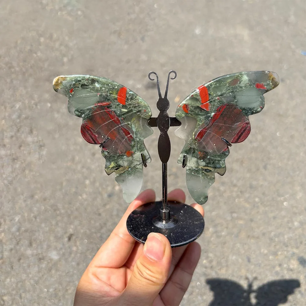 9cm To 10cm African Bloodstone Butterfly Figurine Handcrafted Crystal Statue With Stand Reiki Healing Stone Spiritual Home Decor