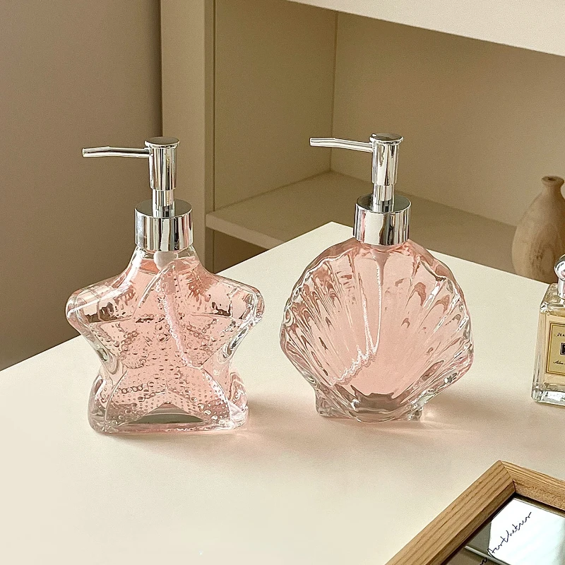 Transparent Glass Press Type Dispensing Bottle, Hand Sanitizer Bottle, Shell Starfish Shaped Bathroom Decoration, Portable