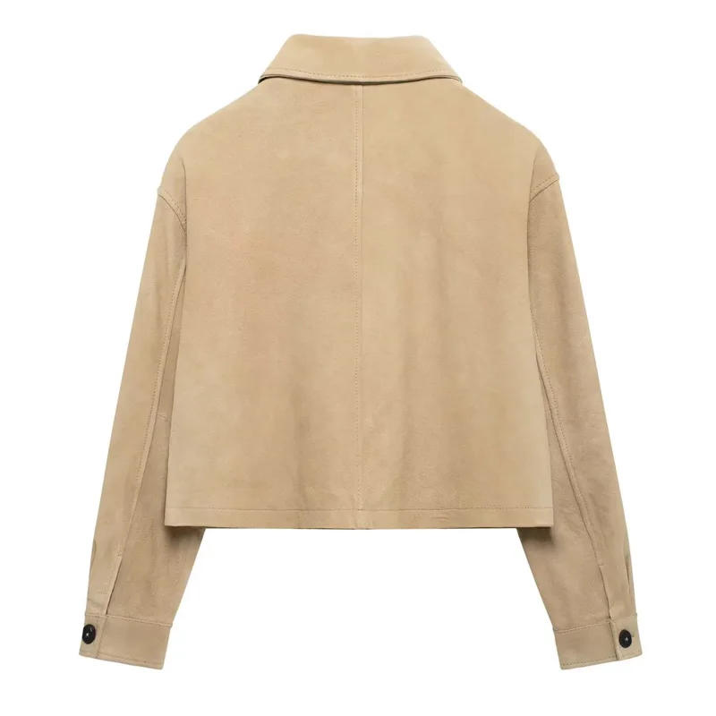 TRAF Outerwears Cropped Suede Jacket Women Autumn Button Short Solid Coats Casual Long Sleeve Demi-Season Jacket New In Coats