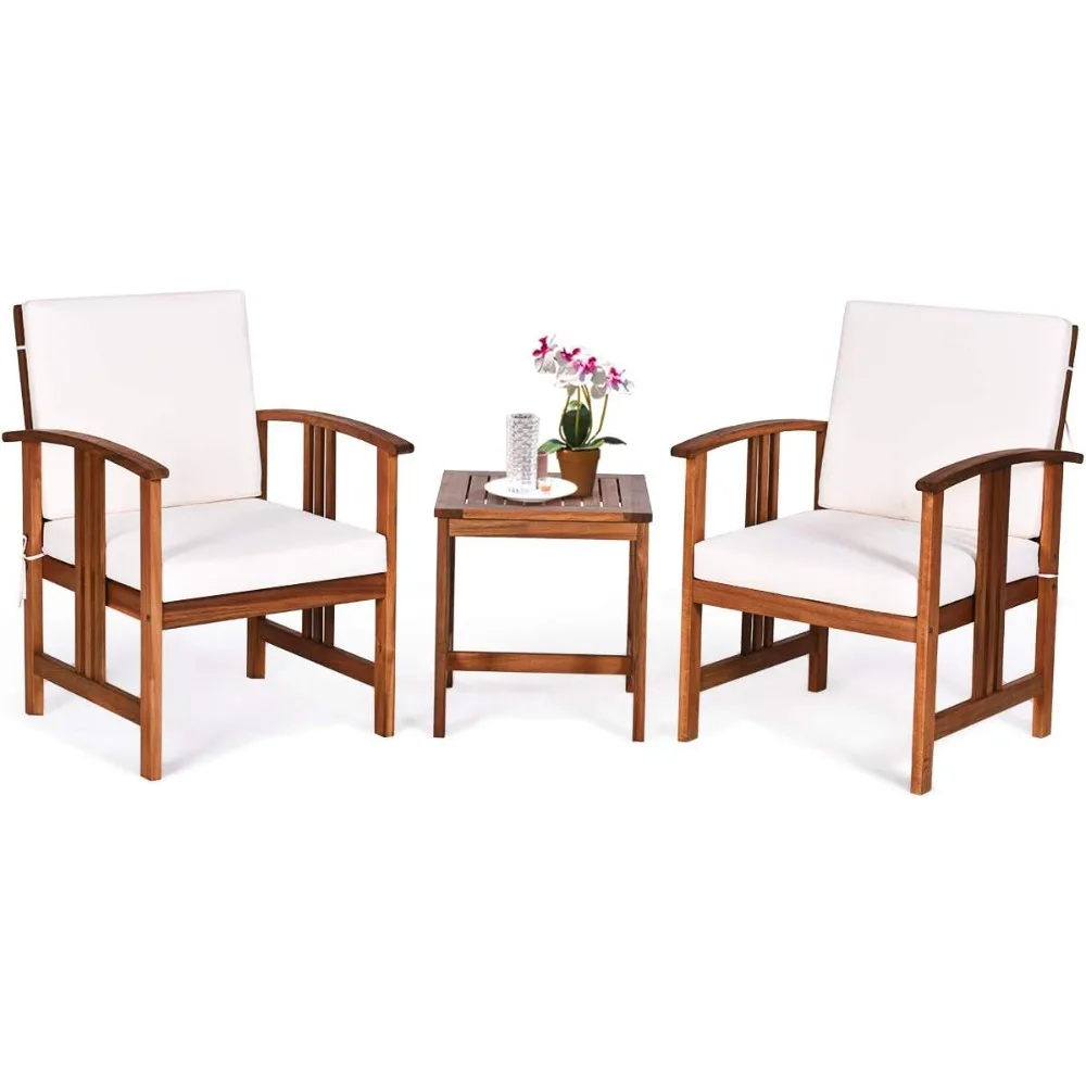 

3 Pieces Patio Furniture Set, Includes Set of 2 Outdoor Acacia Wood Cushioned Chairs and Coffee Table, for Garden