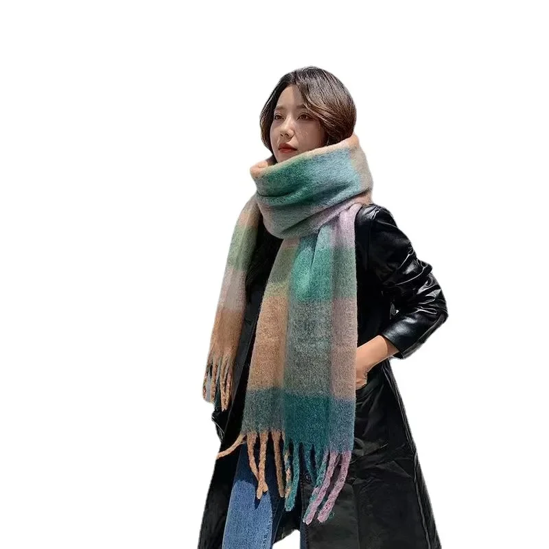 2024 New Autumn Winter Imitation Wool Scarf Female Windproof Thickened Keep Warm Plaid Print Office Long Soft Wear Shawl T151