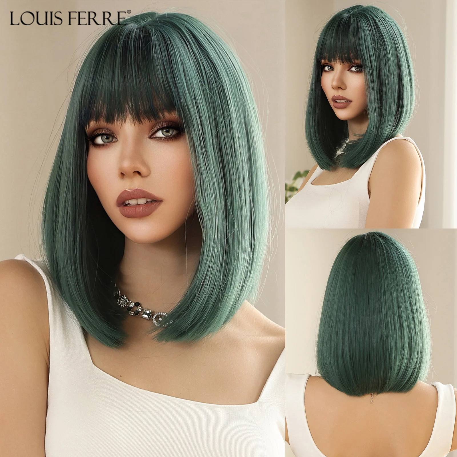 Short Straight Green Synthetic Wigs for Black Women Women's Bob Wigs With Bangs Natural Cosplay Hair Heat Resistant Fiber Wigs