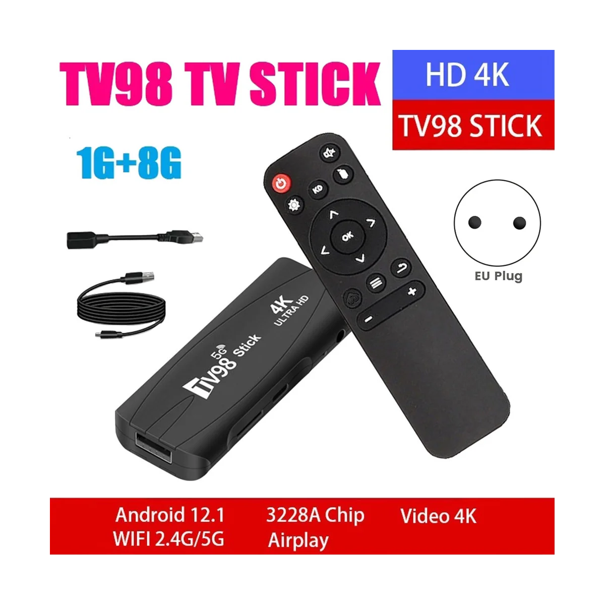 TV98 TV STICK 1G+8G Android12.1 2.4G 5G WiFi Android Smart TV BOX 4K 60Fps Set Top Box(EU Plug)
