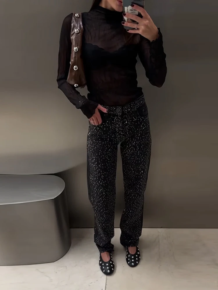 

Шикарные джинсовые женские брюки с бриллиантами, модные блестящие женские джинсы со средней талией и карманами, весна-лето 202, длинные женские брюки High Street