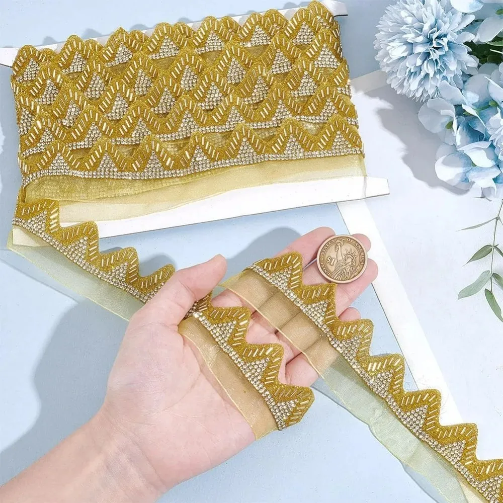 5 ياردة زخرفة الدانتيل المعدني 1-5/8 بوصة موجة حجر الراين حبة الشريط لفساتين الزفاف المزيد