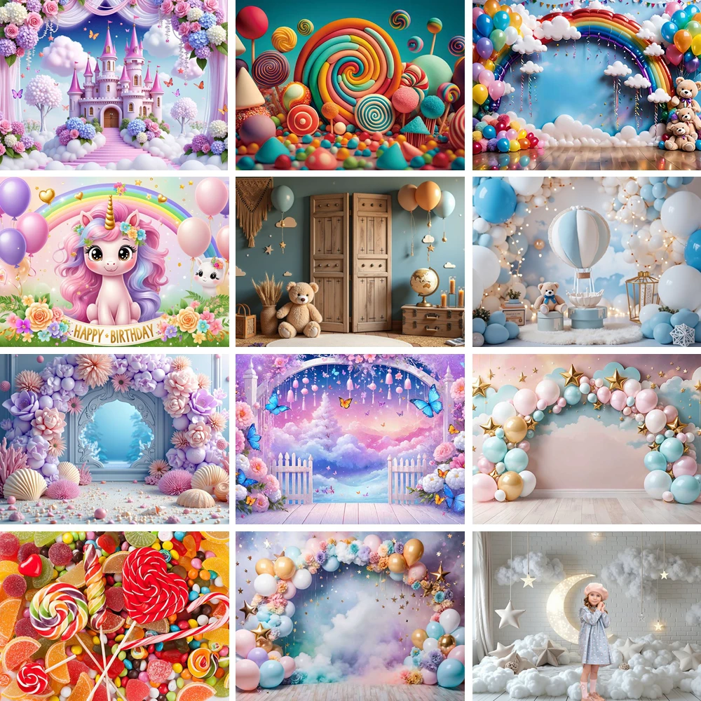 

MOON.QG Newborn Birthday Photographic Background Unicorn Teddy Bear Fantasy Castles Backdrop Accessories Photozone Studio Photo