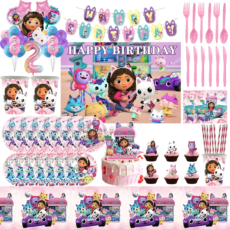 Gabby Birthday Decoration Party Supplies Tableware Tablecloth Paper Cups Plates Backdrop Banner Number Balloons  For Baby Gifts