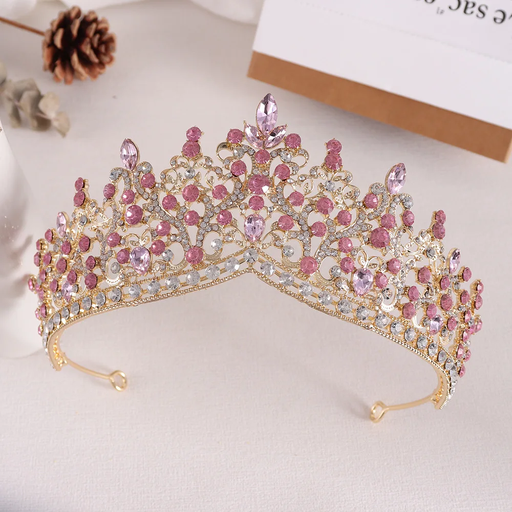 Baroque Vintage Gold Color Pink Crystal Beads Bridal Tiaras Crowns Headwear Women Wedding Party Princess Queen Hair Accessories