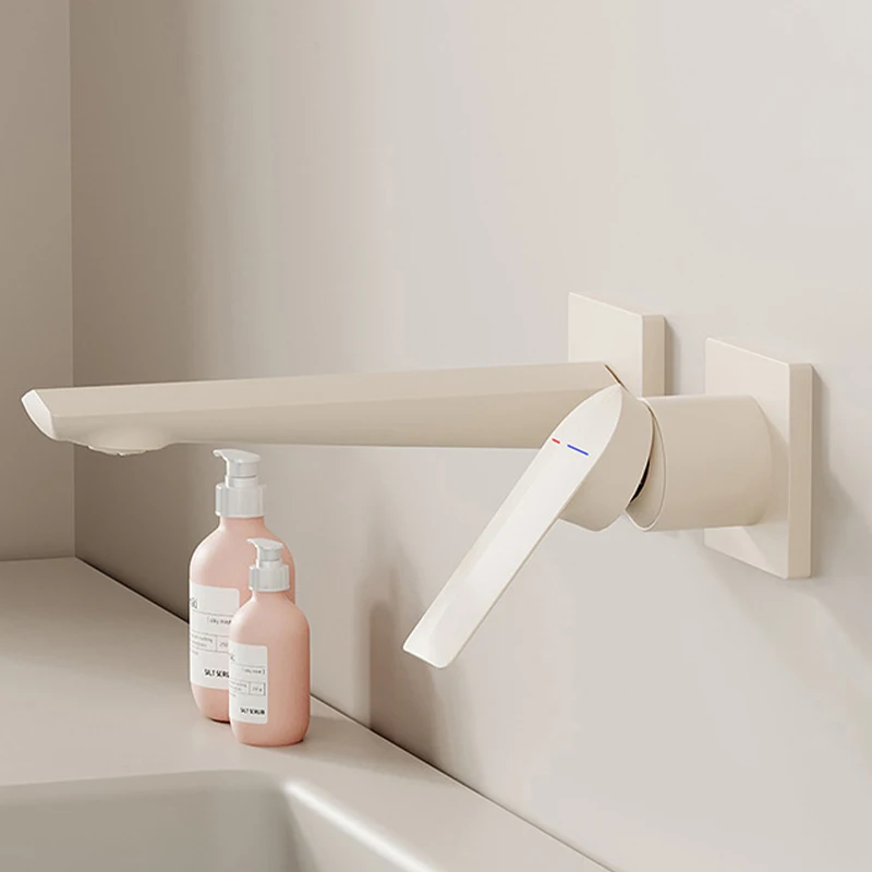 

Wall Mounted Bathroom Vessel Sink Faucet Double Hole Basin Sink Faucet Modern 1 Handle Hot and Cold Mixer Tap Milky White