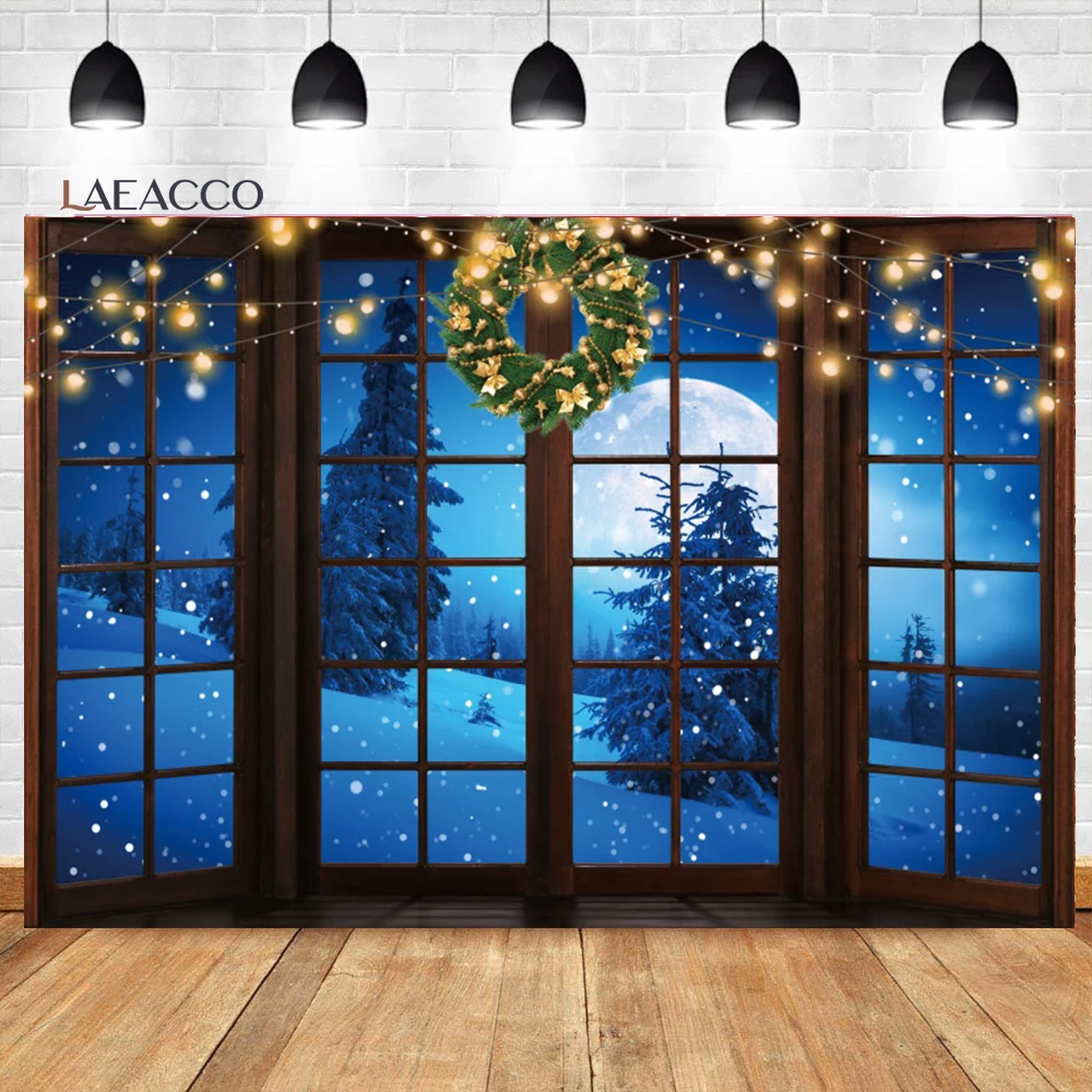 

Laeacco Winter Snow Scene Window Backdrop Christmas Glitter Snowflake Night Moon Family Holiday Portrait Photography Background