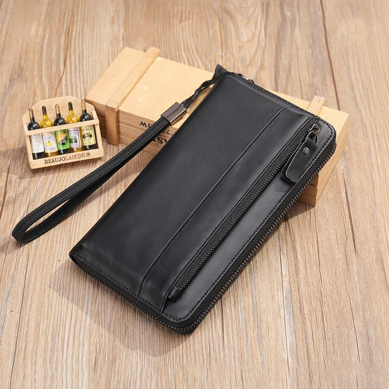 Men\'s Clutch Bag Genuine Leather Long Wallet Male Cowhide Purse Multi-Card Slot Pack Mobile Phone Handbags Gift for Husband New