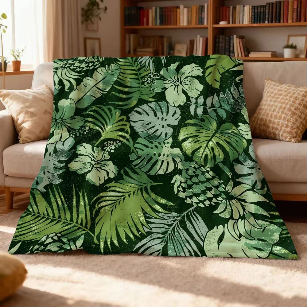 Eco Friendly Green Leaf Throw Blanket Nature Themed Grid Print Soft Cozy Wrap For Sustainable Home And Modern Organic Decor