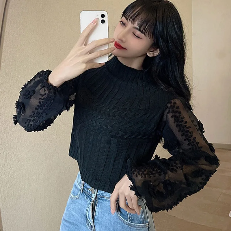 Elegant Mesh Stitching Chiffon Shirt Women Super Fairy Bubble Sleeve High Neck Tight Slimming Short Sweater Knitted Sweater