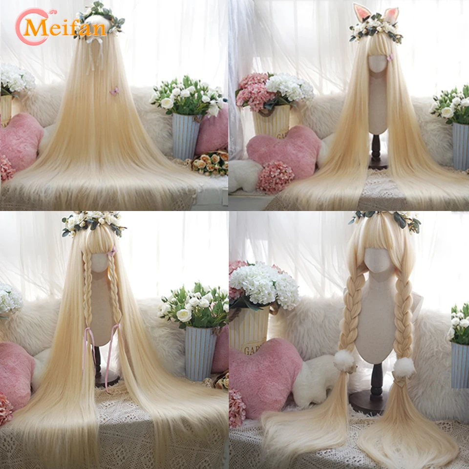 MEIFAN syntetyczna super długa kręcona peruka Lolita z grzywką 120cm blond biały różowy śliczne sztuczne włosy kobiety Halloween peruki do cosplay