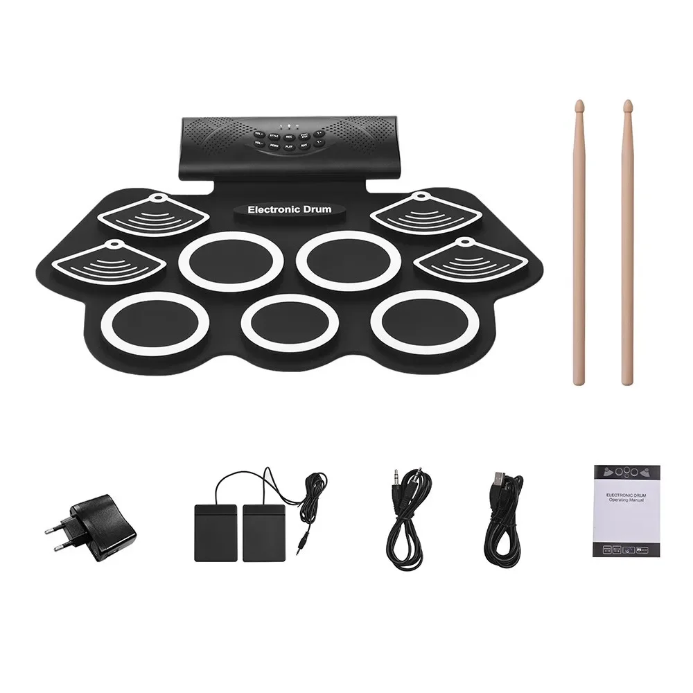 

Portable Electronic Drum Kit Hand Roll Drum Set 9 Silicon Pads Built-in Stereo Speaker 1000mA Lithium Battery with Drumsticks Fo