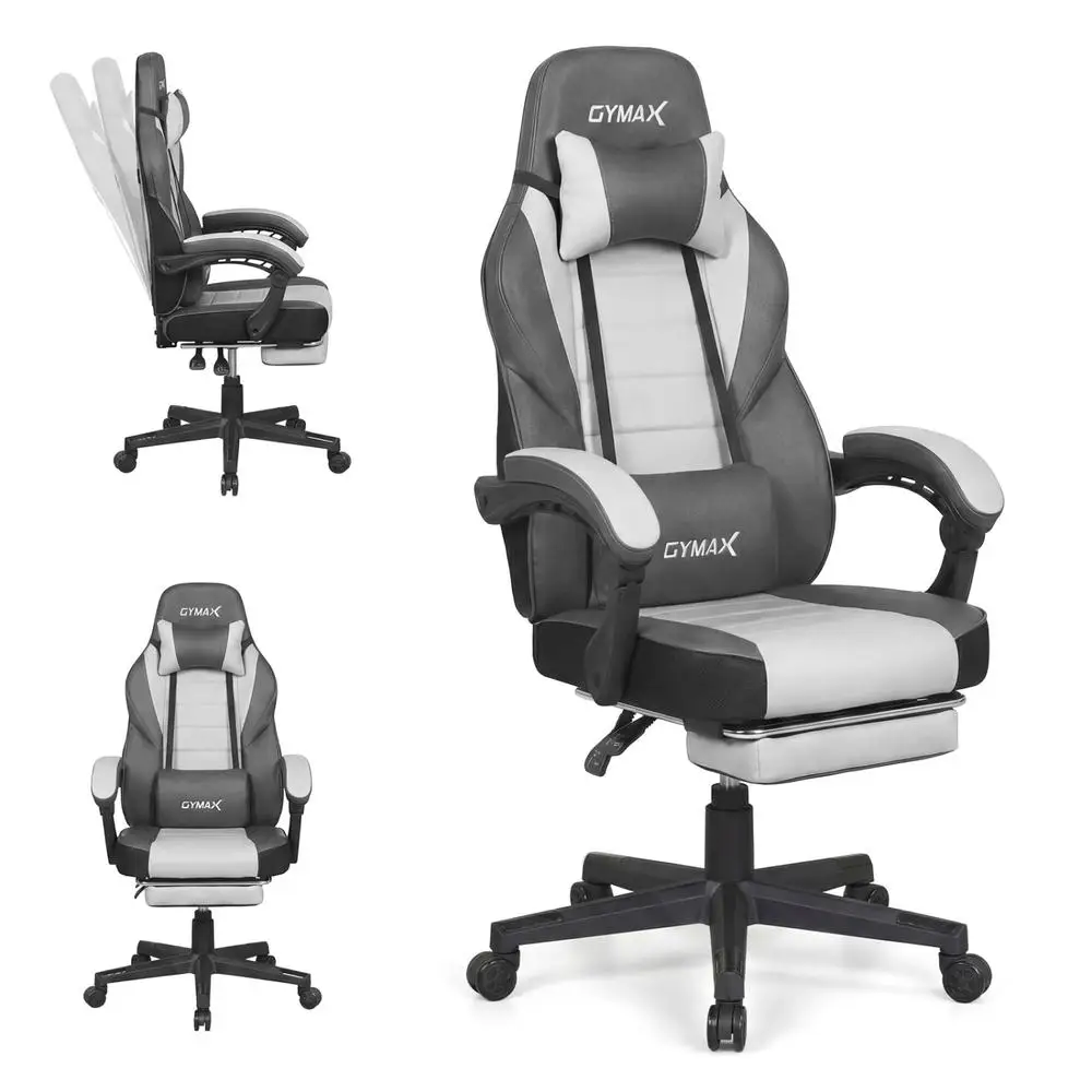 Cadeira Ergonômica para Videogame com Apoio de Cabeça e Encosto Reclinável Cinza